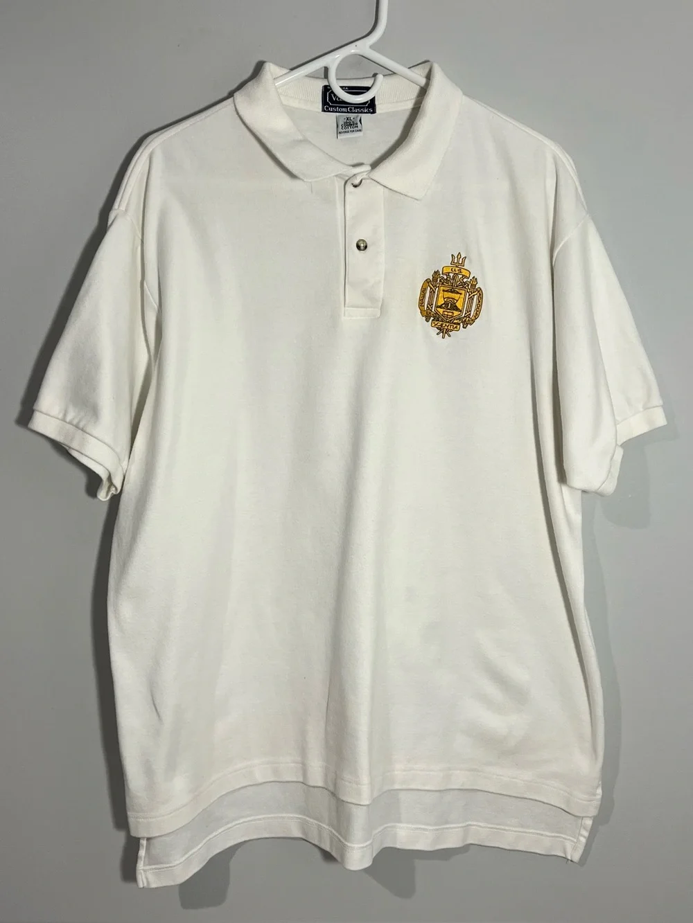 Vintage US Naval Academy White Gold Short Sleeve Polo Shirt Mens XL
